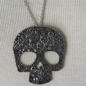 Floral Skull Large Pendant Silver Necklace